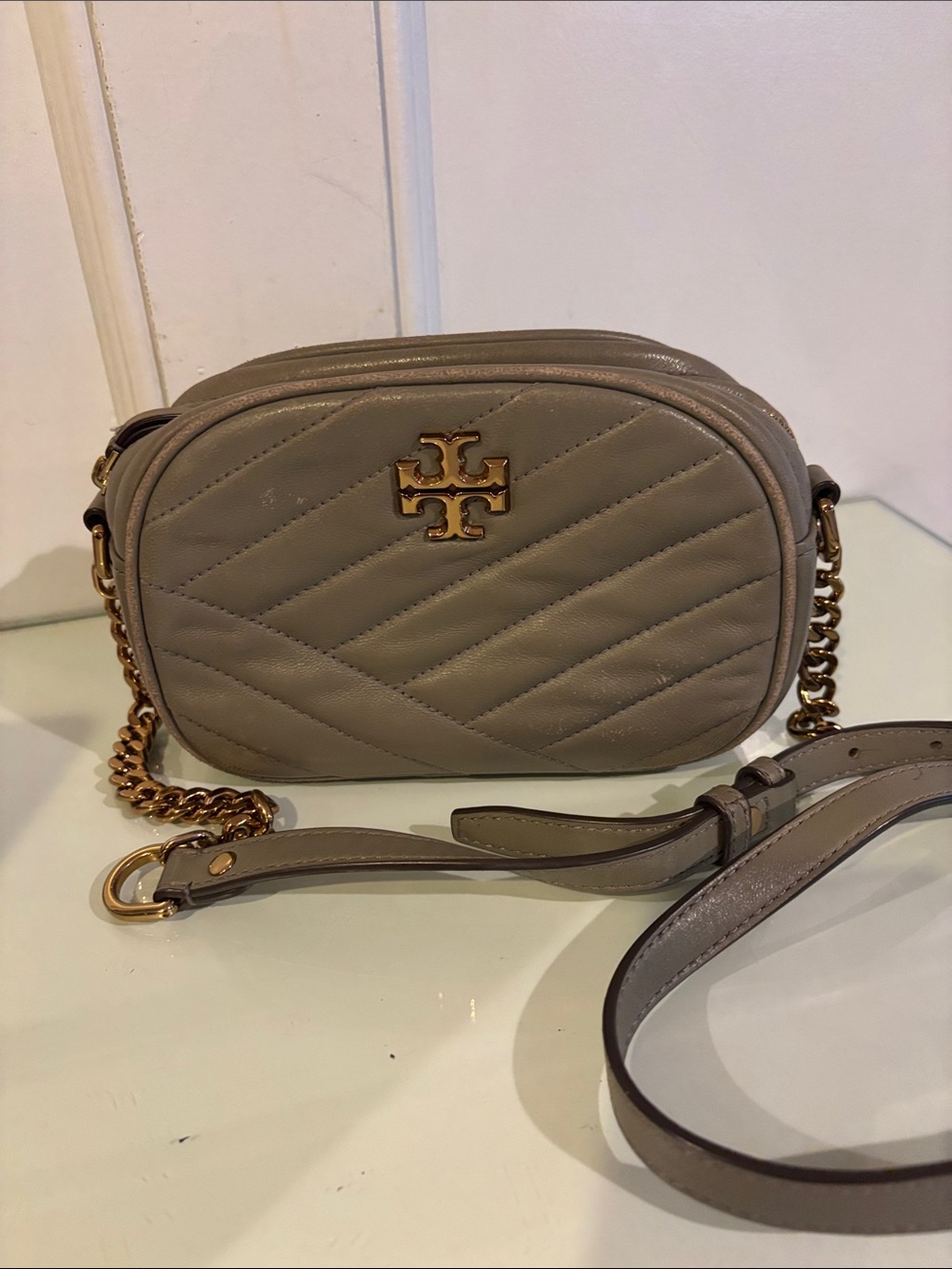 Tory Burch Quilted Camera Crossbody Bag in Taupe